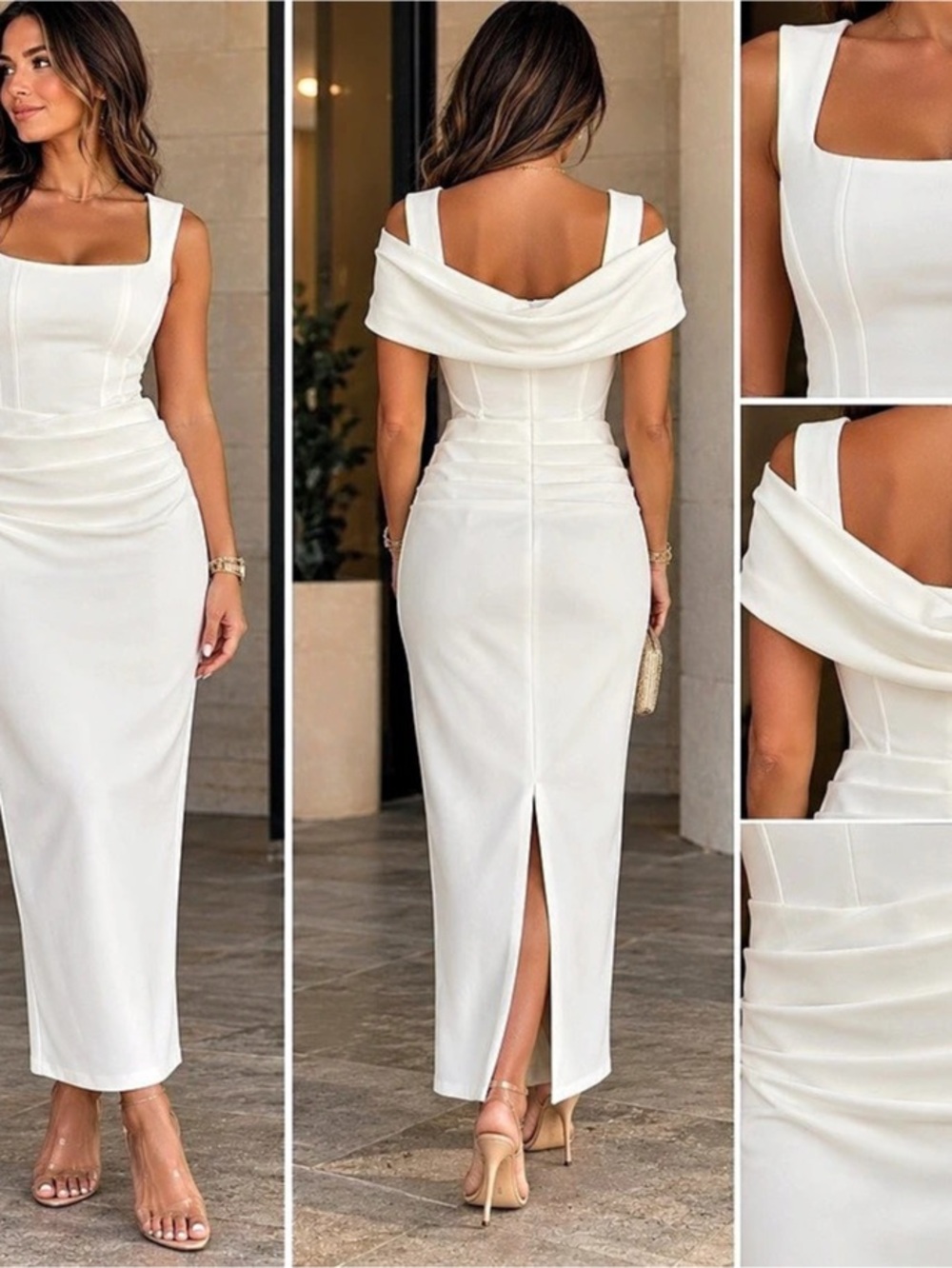 Innovare Denim Ruched Midi Dress in White Size Small NWT